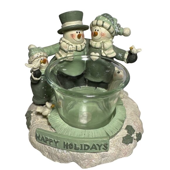 Crazy Mountain Exclusive Designs Snowman Family Candle Holder Happy Holidays - Picture 1 of 10